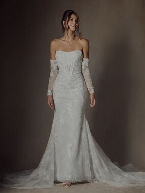 Strapless Lace Bridal Gown with Detachable Sheer Sleeves - Ivory